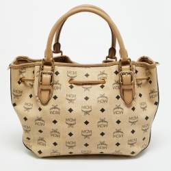 Pre Owned MCM Beige Visetos Coated Canvas Drawstring Tote