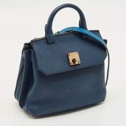 Pre Owned MCM Milla Flap Two Tone Blue Leather Top Handle Bag