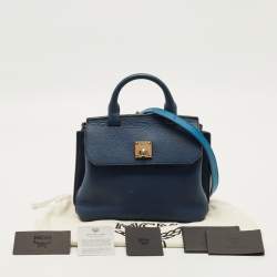 Pre Owned MCM Milla Flap Two Tone Blue Leather Top Handle Bag