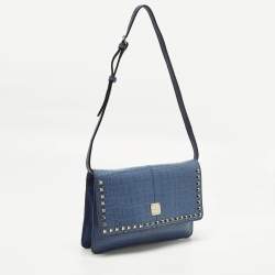 مملوكة مسبقًا MCM Studded Blue Croc Embossed Leather Shoulder Bag