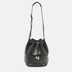 مملوكة مسبقًا MCM Black Logo Studded Leather Drawstring Bucket Bag