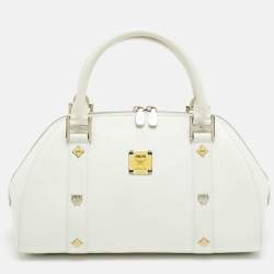 مملوكة مسبقًا MCM Enamel Logo White Leather Zip Satchel