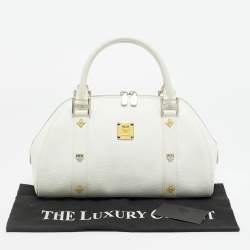 مملوكة مسبقًا MCM Enamel Logo White Leather Zip Satchel