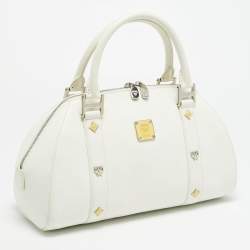 مملوكة مسبقًا MCM Enamel Logo White Leather Zip Satchel