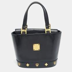 Pre Owned MCM Flap Studded Black Leather Bucket Tote