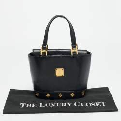Pre Owned MCM Flap Studded Black Leather Bucket Tote