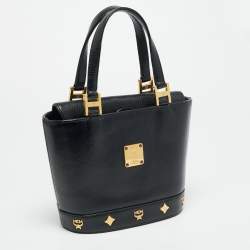 Pre Owned MCM Flap Studded Black Leather Bucket Tote