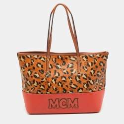 مملوكة مسبقًا MCM Heritage Brown/Orange Leopard Print Coated Canvas Leather Shopper Tote