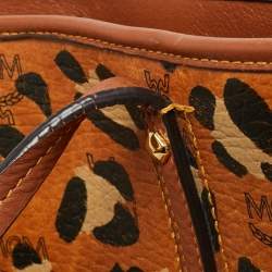 مملوكة مسبقًا MCM Heritage Brown/Orange Leopard Print Coated Canvas Leather Shopper Tote
