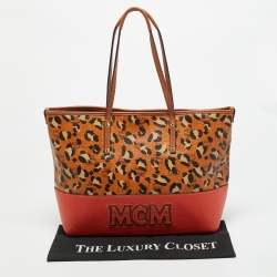 مملوكة مسبقًا MCM Heritage Brown/Orange Leopard Print Coated Canvas Leather Shopper Tote