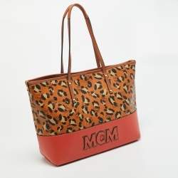 مملوكة مسبقًا MCM Heritage Brown/Orange Leopard Print Coated Canvas Leather Shopper Tote