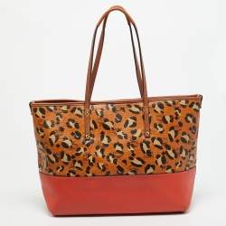 مملوكة مسبقًا MCM Heritage Brown/Orange Leopard Print Coated Canvas Leather Shopper Tote