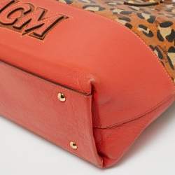 مملوكة مسبقًا MCM Heritage Brown/Orange Leopard Print Coated Canvas Leather Shopper Tote