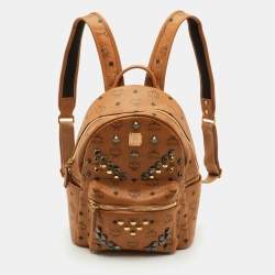 مملوكة مسبقًا MCM Studded Stark Medium Tan Visetos Coated Canvas And Leather Backpack
