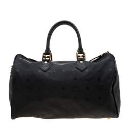 Pre Owned MCM Black Signature Visetos Nylon and Leather Heritage Boston Bag