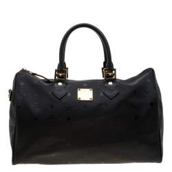 Pre Owned MCM Black Signature Visetos Nylon and Leather Heritage Boston Bag