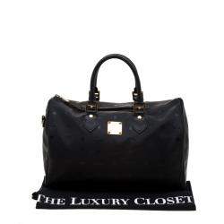 Pre Owned MCM Black Signature Visetos Nylon and Leather Heritage Boston Bag