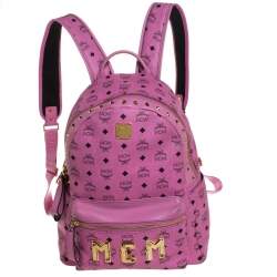 MCM Visetos Backpack Side Stud Pink Gold Metal Plate Leather 28cm x 30cm x  14cm