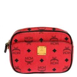 Pre Owned MCM Red Coated Canvas and Leather Crossbody Bag