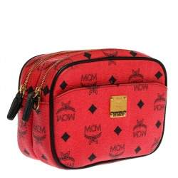 Pre Owned MCM Red Coated Canvas and Leather Crossbody Bag