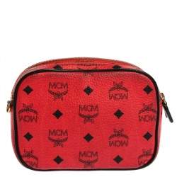Pre Owned MCM Red Coated Canvas and Leather Crossbody Bag