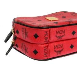 Pre Owned MCM Red Coated Canvas and Leather Crossbody Bag