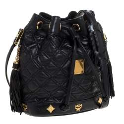 Pre Owned MCM Black Leather Drawstring Shoulder Bag