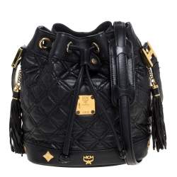 Pre Owned MCM Black Leather Drawstring Shoulder Bag