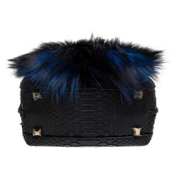 Pre Owned MCM Black/Blue Snakeskin and Fur Mini Milla Tote