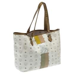 Pre Owned MCM White Visetos Coated Canvas and Leather Medium Princess Lion Shopper Tote