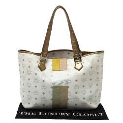 Pre Owned MCM White Visetos Coated Canvas and Leather Medium Princess Lion Shopper Tote