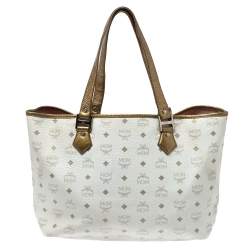 Pre Owned MCM White Visetos Coated Canvas and Leather Medium Princess Lion Shopper Tote