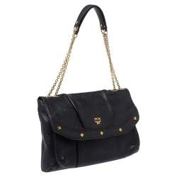 Pre Owned MCM Black Leather Studded Flap Shoulder Bag