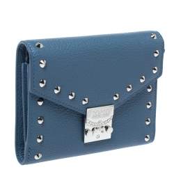 Pre Owned MCM Blue Leather Studded Trifold Wallet