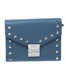 Pre Owned MCM Blue Leather Studded Trifold Wallet
