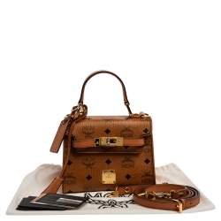 Pre Owned MCM Cognac Visetos Coated Canvas Heritage Top Handle Bag