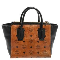 Pre Owned MCM Black/Cognac Visetos Coated Canvas and Leather Small Kathy Tote
