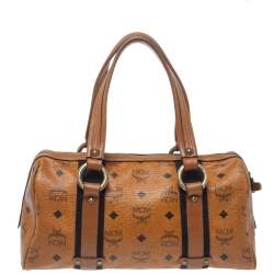Pre Owned MCM Cognac Visetos Coated Canvas Boston Satchel