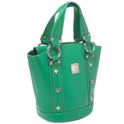 Pre Owned MCM Green Leather Studded Flap Bucket Bag
