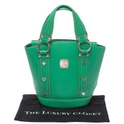 Pre Owned MCM Green Leather Studded Flap Bucket Bag