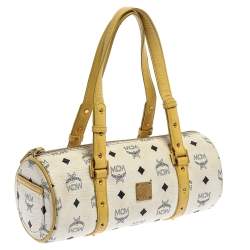 Pre Owned MCM White/Yellow Visetos Coated Canvas and Leather Mini Rolle Boston Bag