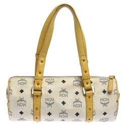 Pre Owned MCM White/Yellow Visetos Coated Canvas and Leather Mini Rolle Boston Bag