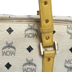 Pre Owned MCM White/Yellow Visetos Coated Canvas and Leather Mini Rolle Boston Bag