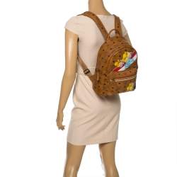 Pre Owned MCM Tan Floral Print Coated Canvas Small Stark Backpack