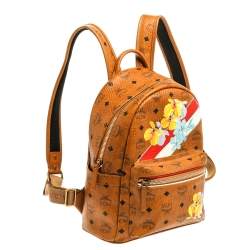 Pre Owned MCM Tan Floral Print Coated Canvas Small Stark Backpack