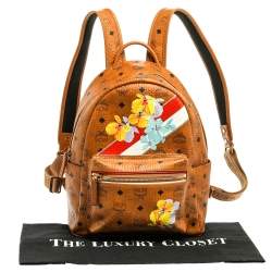Pre Owned MCM Tan Floral Print Coated Canvas Small Stark Backpack