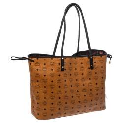 Pre Owned MCM Cognac/Black Visetos Coated Canvas And Leather Large Anya Tote
