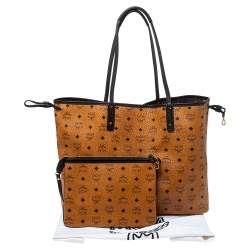 Pre Owned MCM Cognac/Black Visetos Coated Canvas And Leather Large Anya Tote