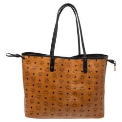 Pre Owned MCM Cognac/Black Visetos Coated Canvas And Leather Large Anya Tote