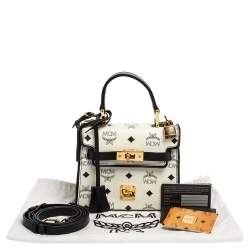 Pre Owned MCM White Visetos Coated Canvas and Leather Heritage Top Handle Bag